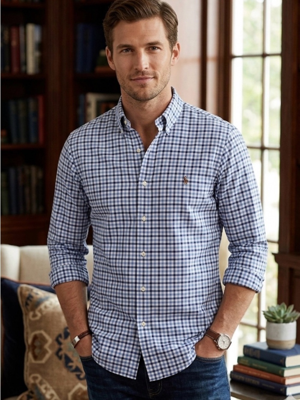 Ralph Lauren Men's Blue and White Check Button-Down Shirt Size XL